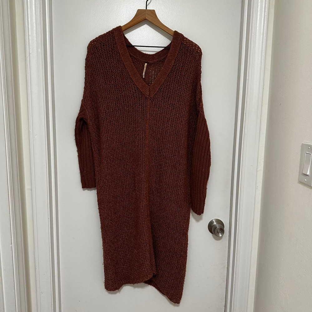 Free People | Women's Rust Brown Oversized V-Neck Knit Sweater Dress, Size S/P